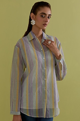 Off-White Cotton Chanderi Hand-Block Printed Shirt by Kora