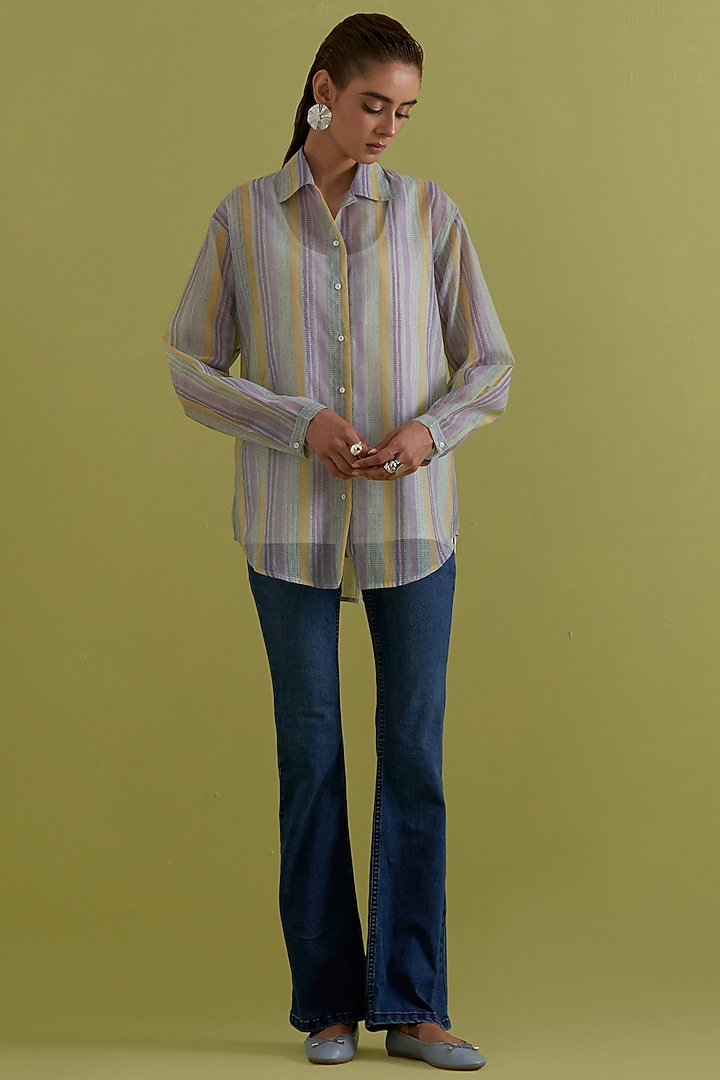 Off-White Cotton Chanderi Hand-Block Printed Shirt by Kora at Pernia's Pop Up Shop