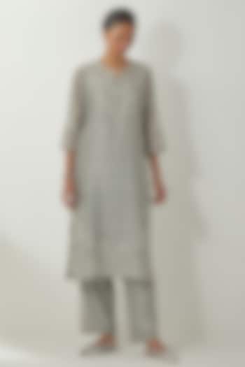 Bluish Grey Silk Chanderi Thread Embroidered Kurta Set by Kora at Pernia's Pop Up Shop