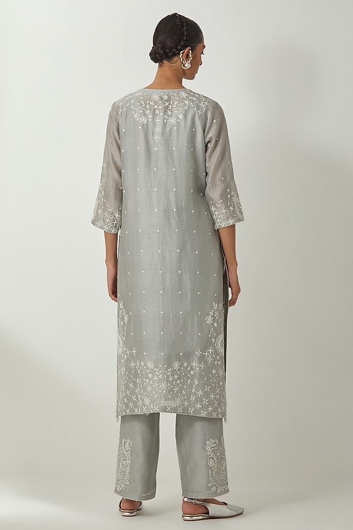 Bluish Grey Silk Chanderi Thread Embroidered Kurta Set by Kora at Pernia's Pop Up Shop