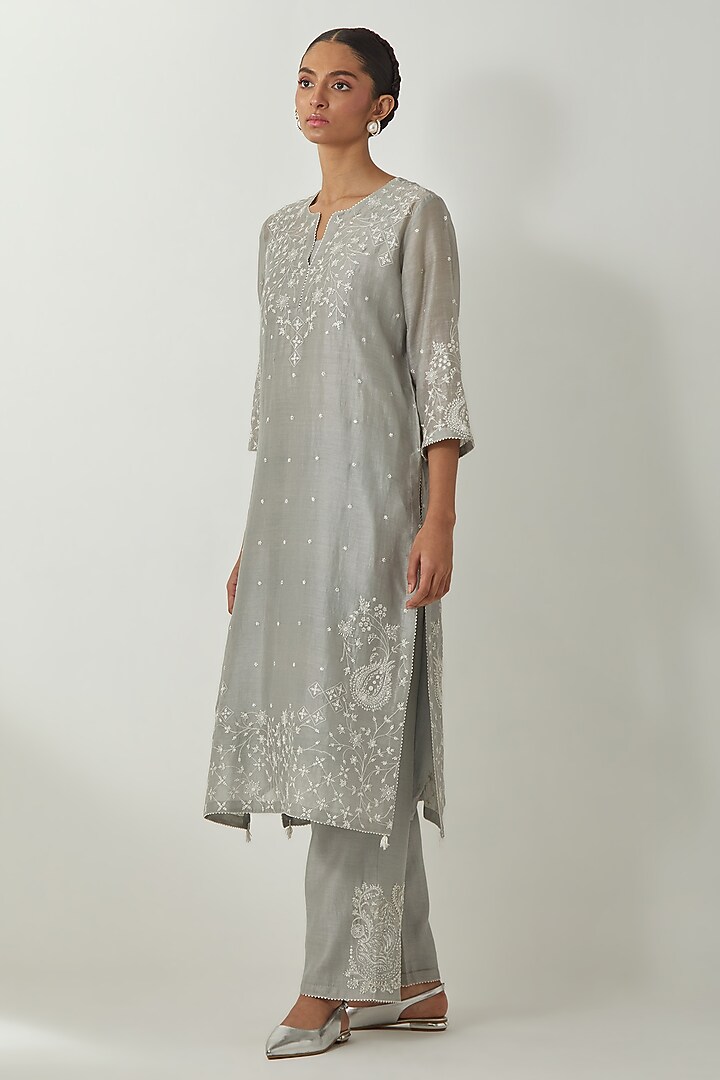 Bluish Grey Silk Chanderi Thread Embroidered Kurta Set by Kora at Pernia's Pop Up Shop