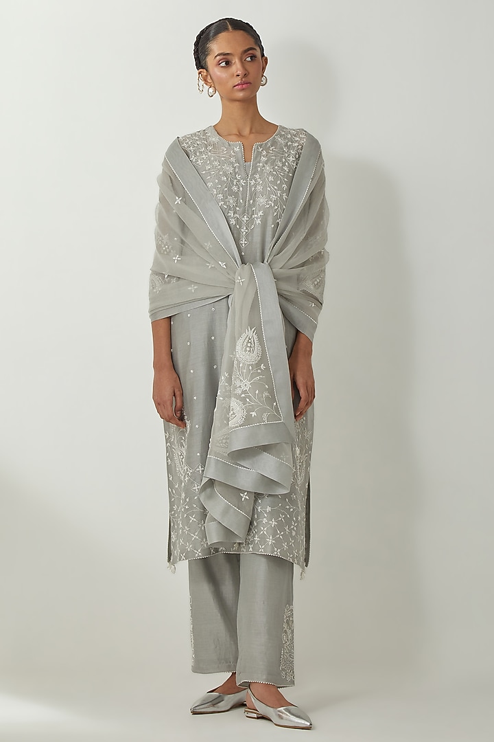 Bluish Grey Silk Chanderi Thread Embroidered Kurta Set by Kora at Pernia's Pop Up Shop
