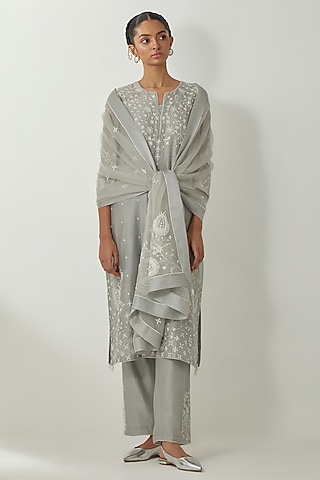 Bluish Grey Silk Chanderi Thread Embroidered Kurta Set by Kora