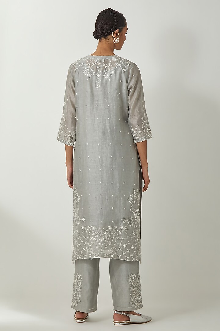 Bluish Grey Silk Chanderi Thread Embroidered Kurta Set by Kora at Pernia's Pop Up Shop