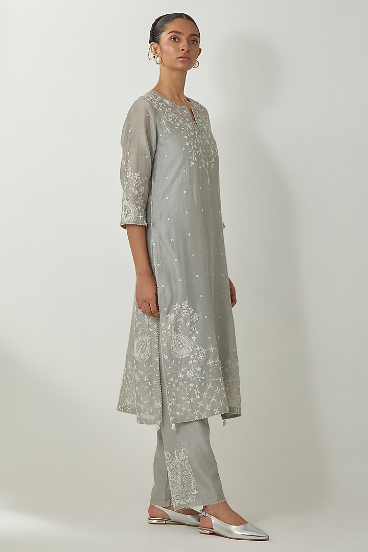 Bluish Grey Silk Chanderi Thread Embroidered Kurta Set by Kora at Pernia's Pop Up Shop