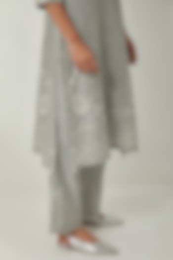 Bluish Grey Silk Chanderi Thread Embroidered Kurta Set by Kora at Pernia's Pop Up Shop