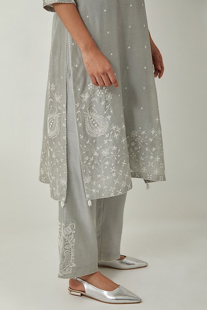 Bluish Grey Silk Chanderi Thread Embroidered Kurta Set by Kora at Pernia's Pop Up Shop