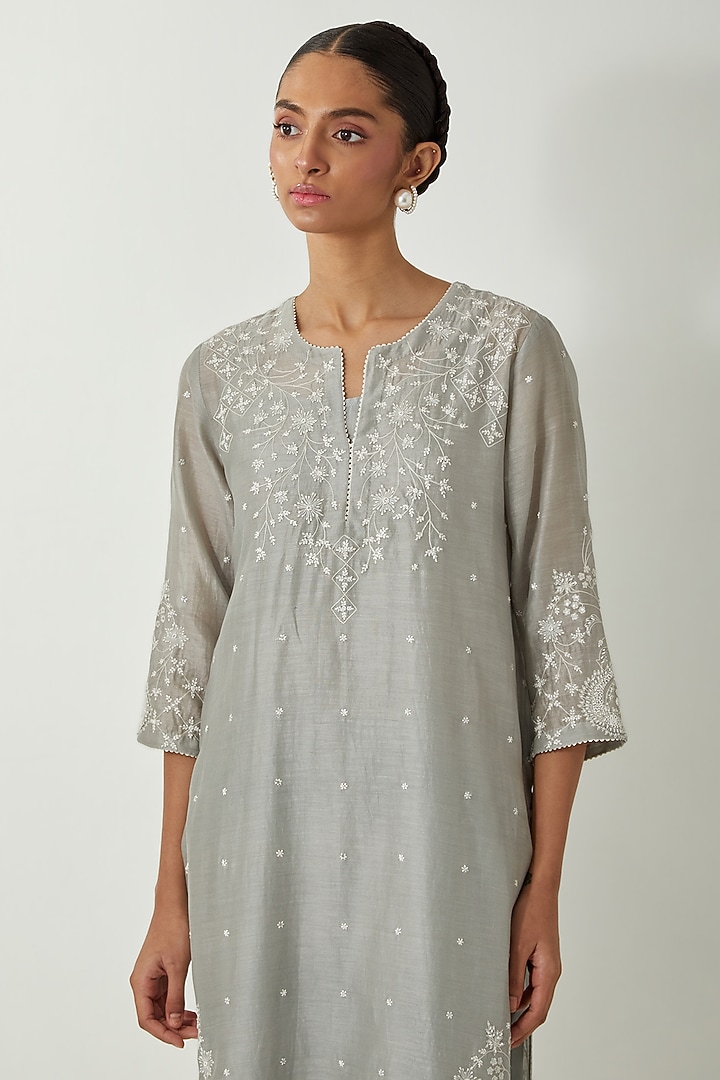 Bluish Grey Silk Chanderi Thread Embroidered Kurta Set by Kora at Pernia's Pop Up Shop