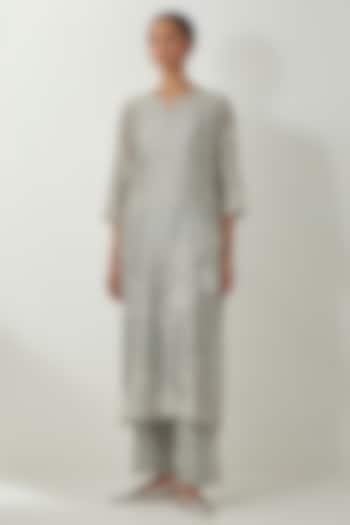 Bluish Grey Silk Chanderi Thread Embroidered Kurta Set by Kora at Pernia's Pop Up Shop