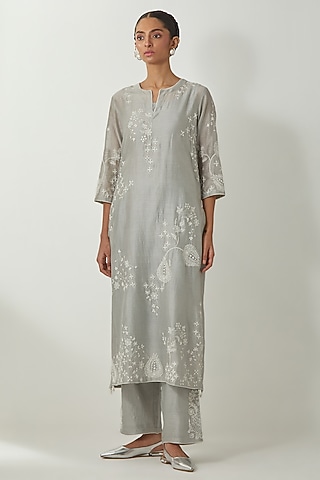Bluish Grey Silk Chanderi Thread Embroidered Kurta Set by Kora