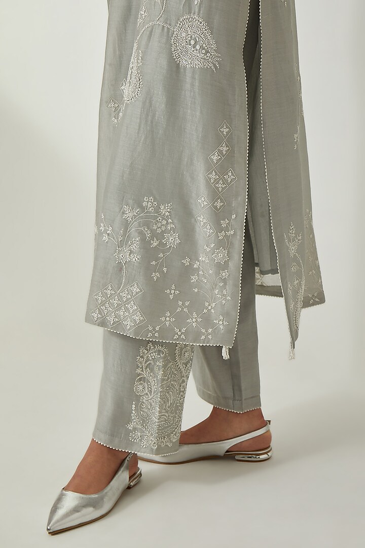 Bluish Grey Silk Chanderi Thread Embroidered Kurta Set by Kora at Pernia's Pop Up Shop