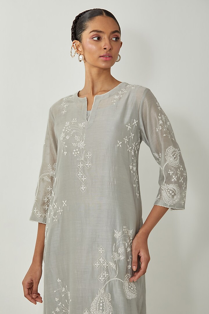 Bluish Grey Silk Chanderi Thread Embroidered Kurta Set by Kora at Pernia's Pop Up Shop