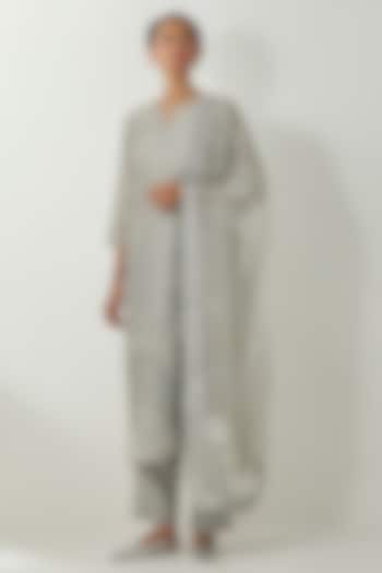 Bluish Grey Silk Chanderi Thread Embroidered Kurta Set by Kora at Pernia's Pop Up Shop