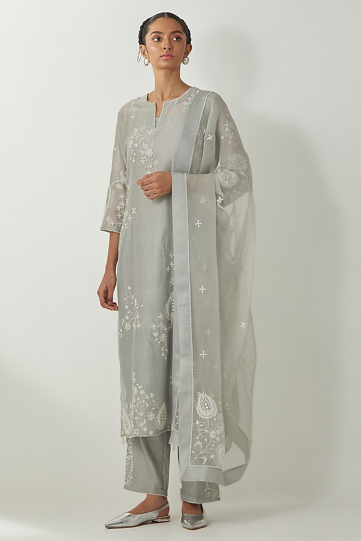 Bluish Grey Silk Chanderi Thread Embroidered Kurta Set by Kora at Pernia's Pop Up Shop