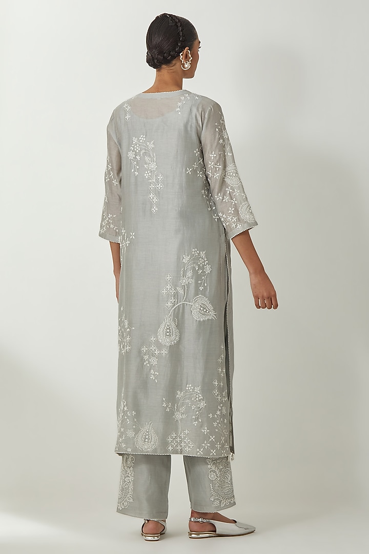Bluish Grey Silk Chanderi Thread Embroidered Kurta Set by Kora at Pernia's Pop Up Shop