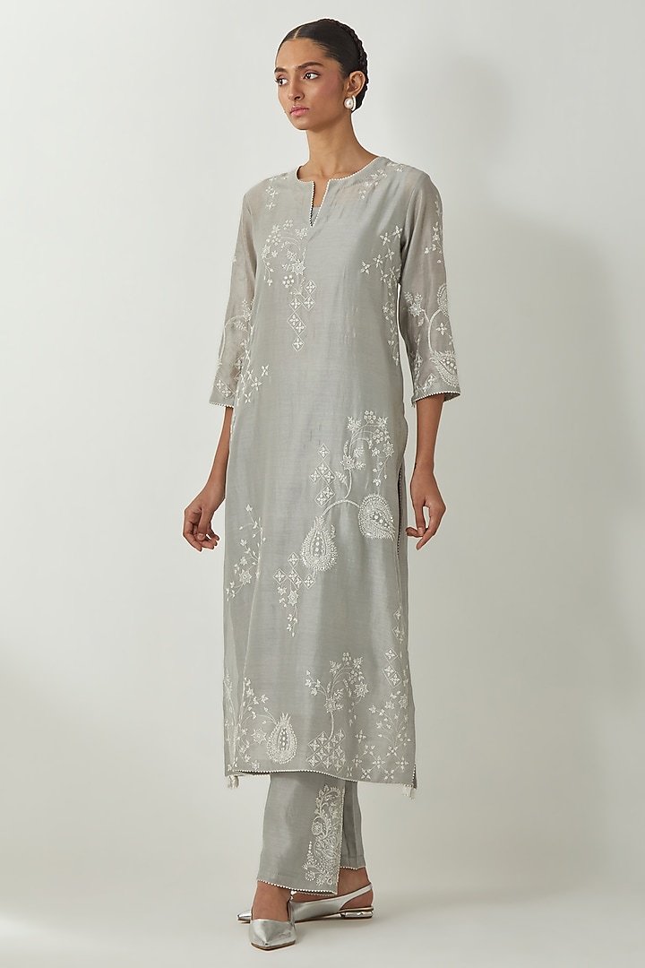 Bluish Grey Silk Chanderi Thread Embroidered Kurta Set by Kora at Pernia's Pop Up Shop