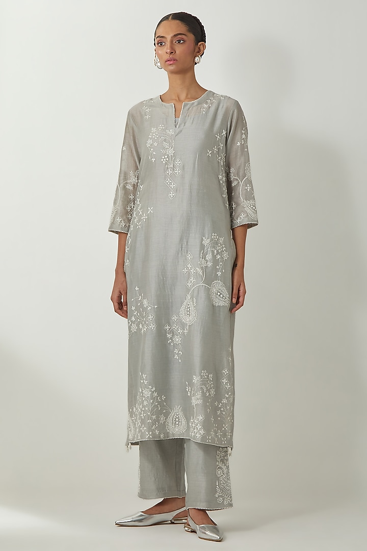 Bluish Grey Silk Chanderi Thread Embroidered Kurta Set by Kora at Pernia's Pop Up Shop