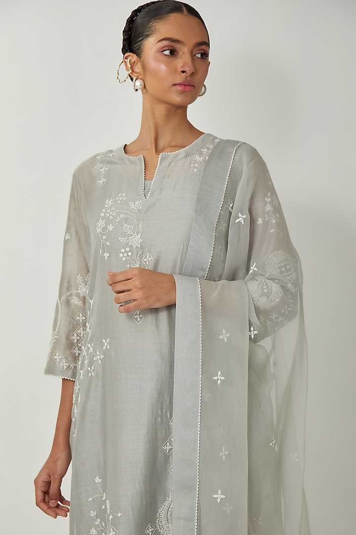 Bluish Grey Silk Chanderi Thread Embroidered Kurta Set by Kora at Pernia's Pop Up Shop