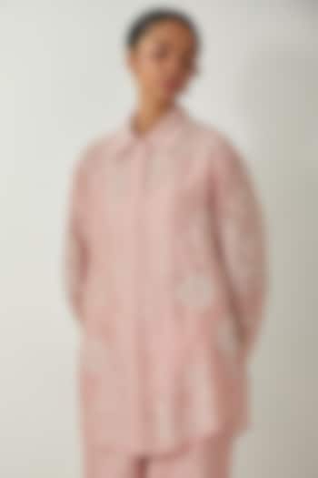 Pink Silk Chanderi Thread Embroidered Shirt by Kora at Pernia's Pop Up Shop