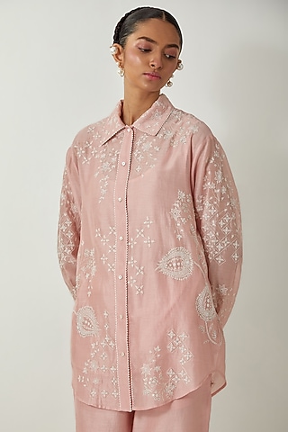 Pink Silk Chanderi Thread Embroidered Shirt by Kora