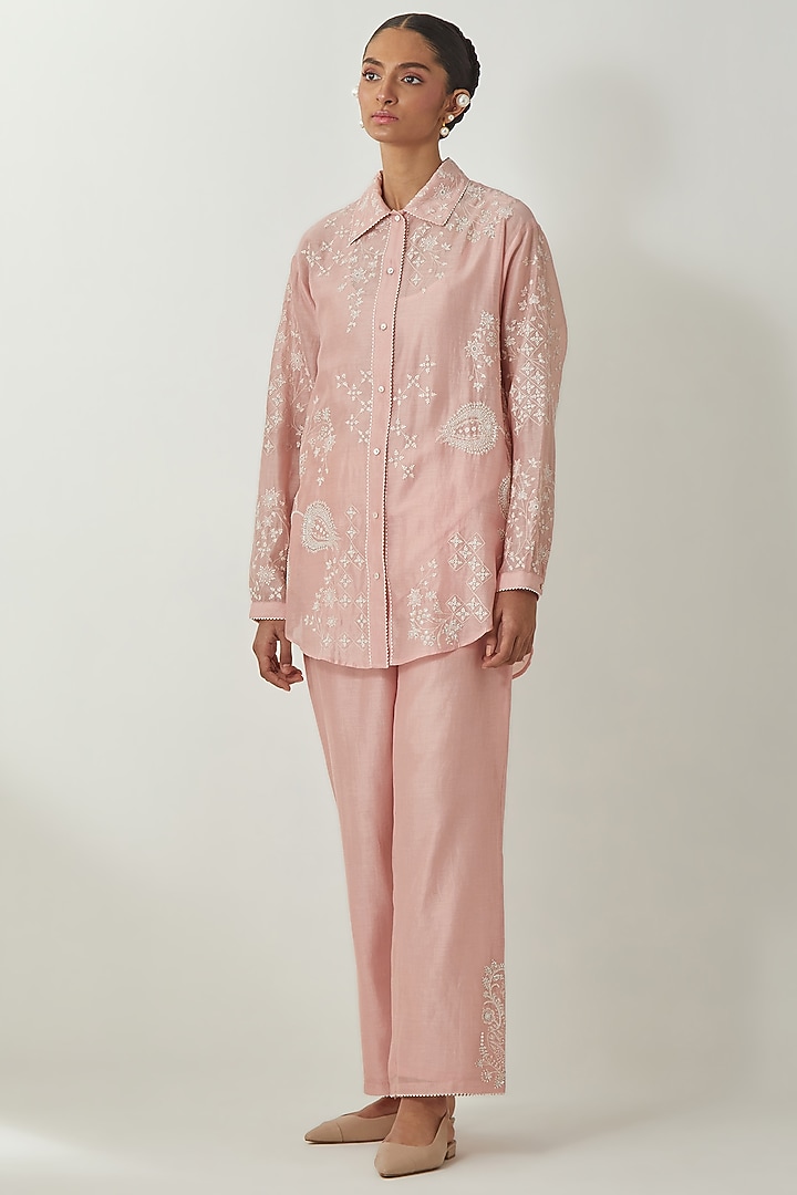 Pink Silk Chanderi Thread Embroidered Shirt by Kora at Pernia's Pop Up Shop