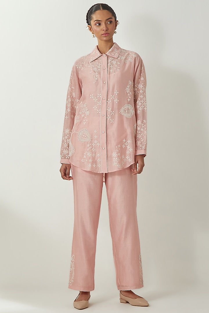 Pink Silk Chanderi Thread Embroidered Co-Ord Set by Kora at Pernia's Pop Up Shop