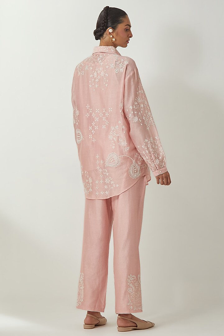 Pink Silk Chanderi Thread Embroidered Co-Ord Set by Kora at Pernia's Pop Up Shop