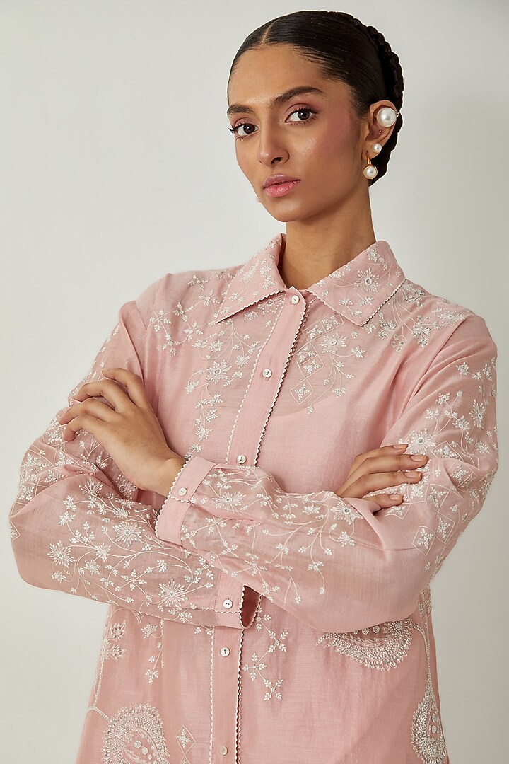 Pink Silk Chanderi Thread Embroidered Co-Ord Set by Kora at Pernia's Pop Up Shop