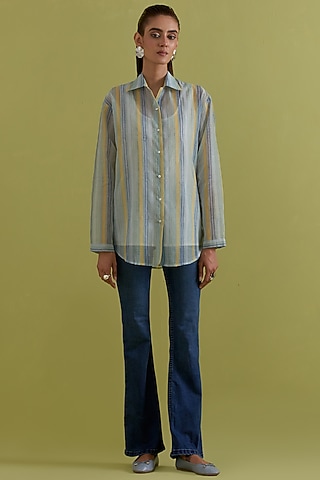 Off-White Cotton Chanderi Hand-Block Printed Shirt by Kora