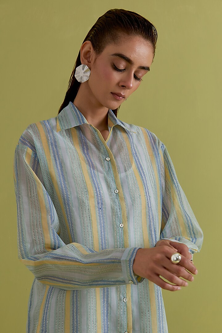 Off-White Cotton Chanderi Hand-Block Printed Shirt by Kora at Pernia's Pop Up Shop