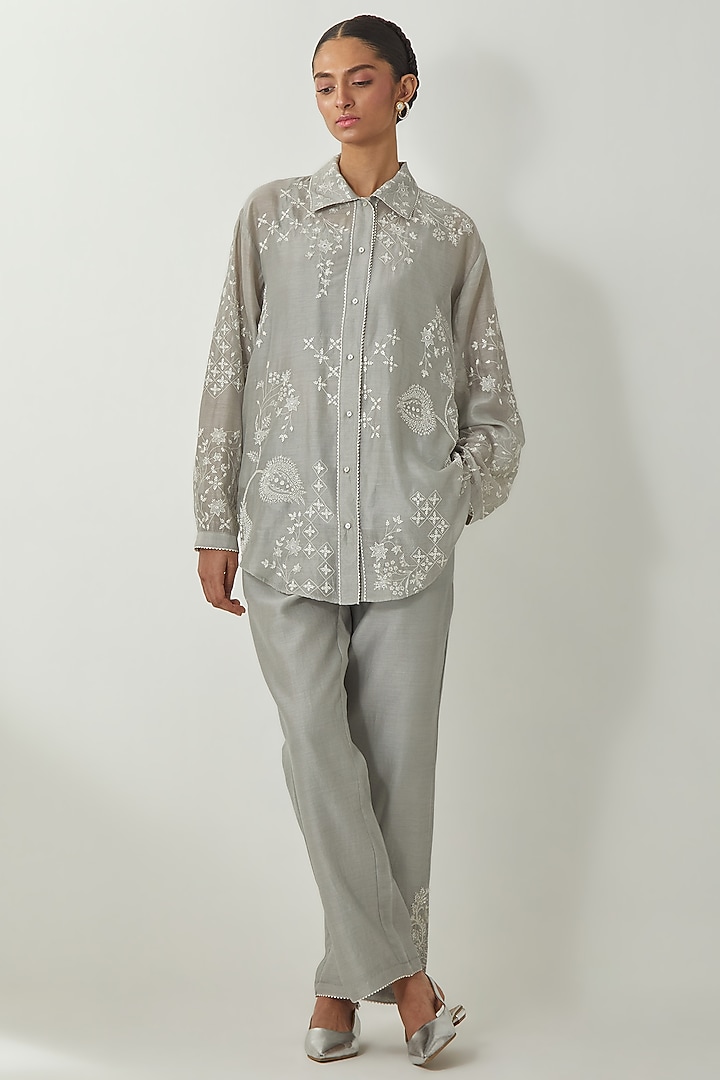 Bluish Grey Silk Chanderi Thread Embroidered Shirt by Kora at Pernia's Pop Up Shop