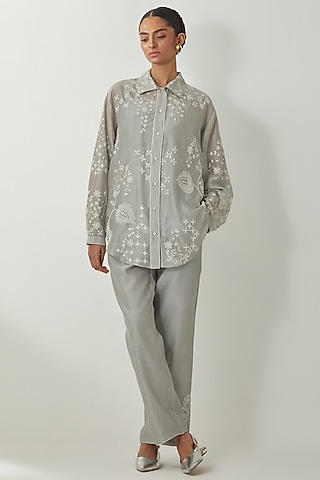 Bluish Grey Silk Chanderi Thread Embroidered Shirt by Kora