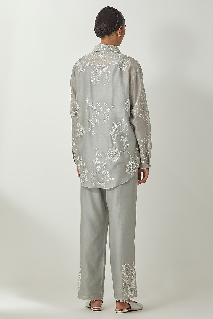 Bluish Grey Silk Chanderi Thread Embroidered Shirt by Kora at Pernia's Pop Up Shop