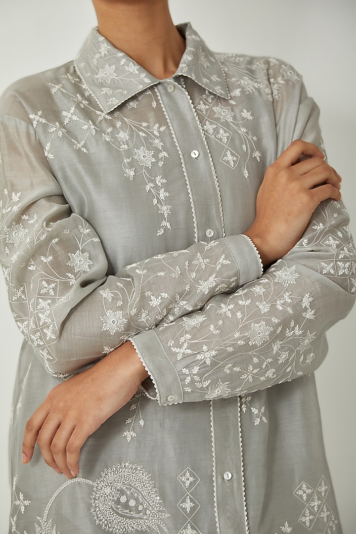 Bluish Grey Silk Chanderi Thread Embroidered Shirt by Kora at Pernia's Pop Up Shop