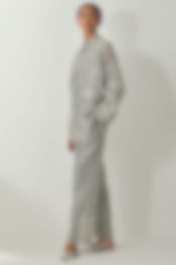 Bluish Grey Silk Chanderi Thread Embroidered Co-Ord Set by Kora at Pernia's Pop Up Shop