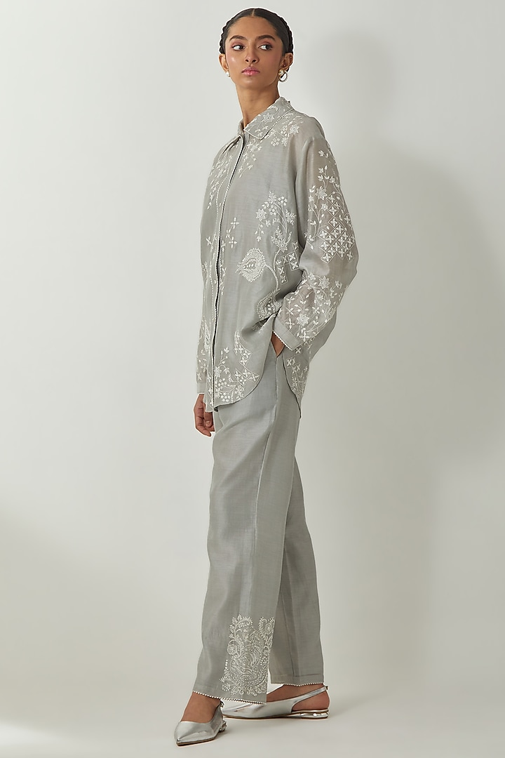 Bluish Grey Silk Chanderi Thread Embroidered Co-Ord Set by Kora at Pernia's Pop Up Shop