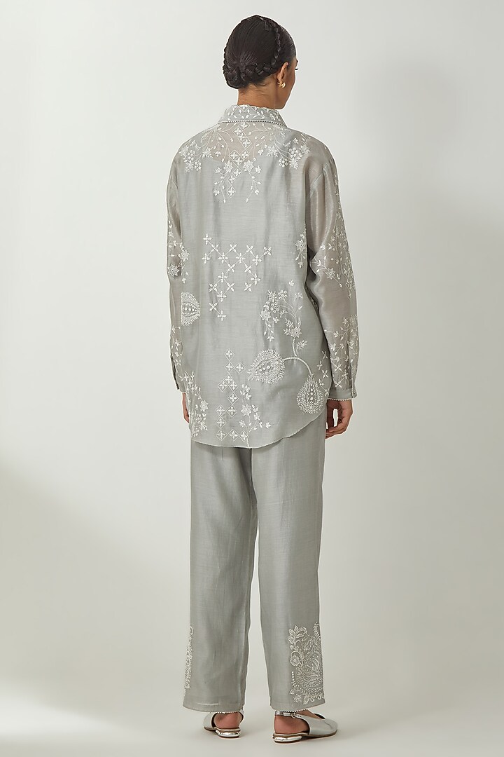 Bluish Grey Silk Chanderi Thread Embroidered Co-Ord Set by Kora at Pernia's Pop Up Shop