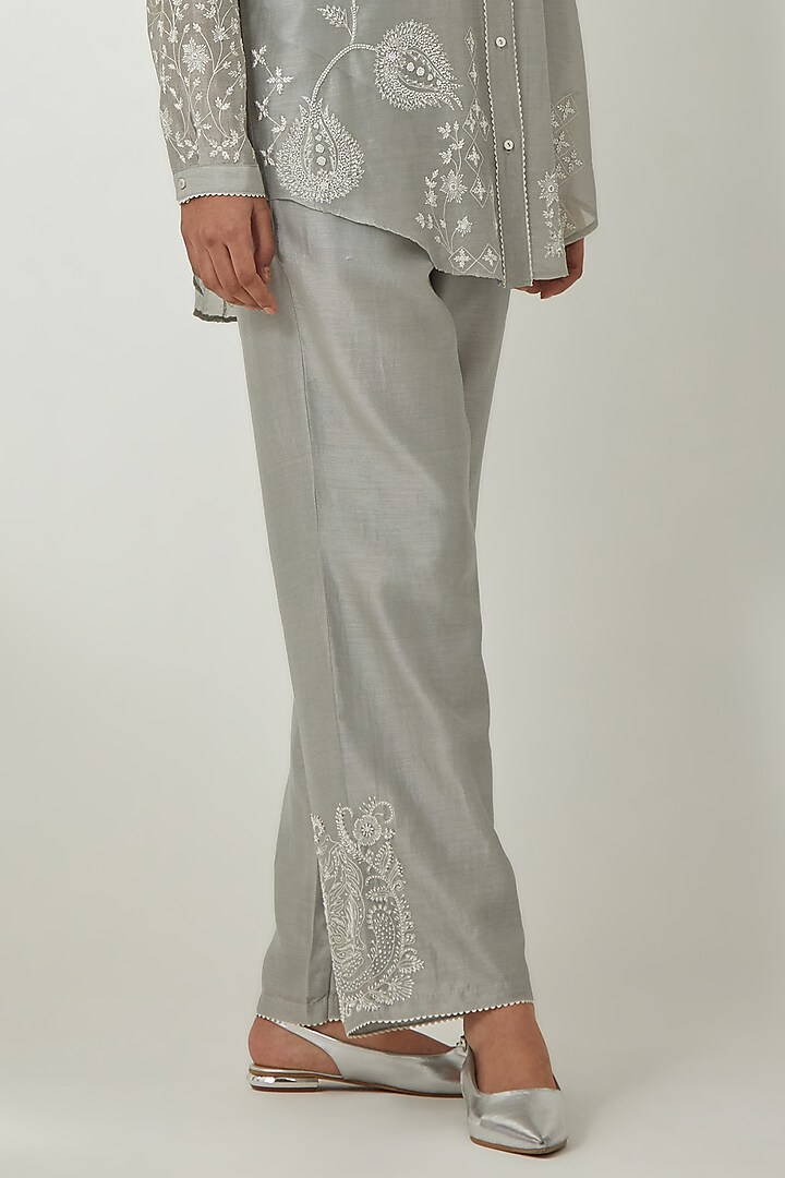 Bluish Grey Silk Chanderi Thread Embroidered Co-Ord Set by Kora at Pernia's Pop Up Shop