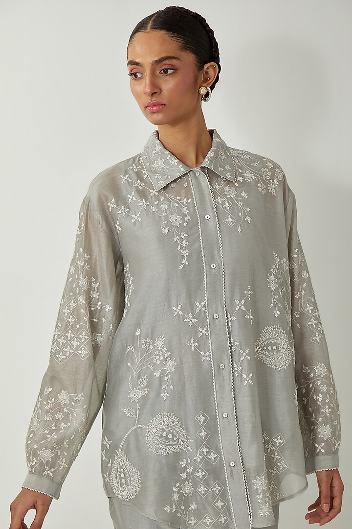 Bluish Grey Silk Chanderi Thread Embroidered Co-Ord Set by Kora at Pernia's Pop Up Shop