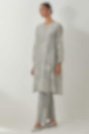 Bluish Grey Silk Chanderi Thread Embroidered Kurta Set by Kora at Pernia's Pop Up Shop