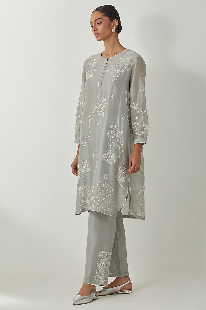 Bluish Grey Silk Chanderi Thread Embroidered Kurta Set by Kora at Pernia's Pop Up Shop