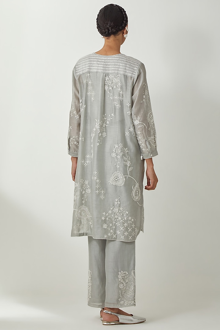 Bluish Grey Silk Chanderi Thread Embroidered Kurta Set by Kora at Pernia's Pop Up Shop