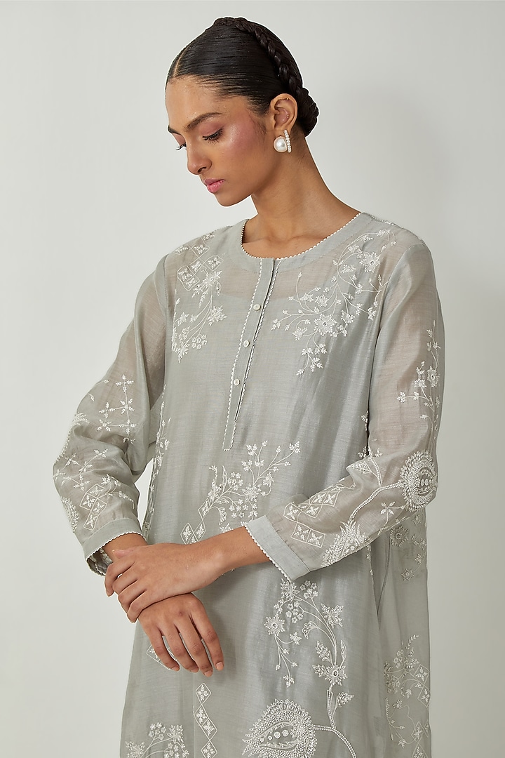 Bluish Grey Silk Chanderi Thread Embroidered Kurta Set by Kora at Pernia's Pop Up Shop