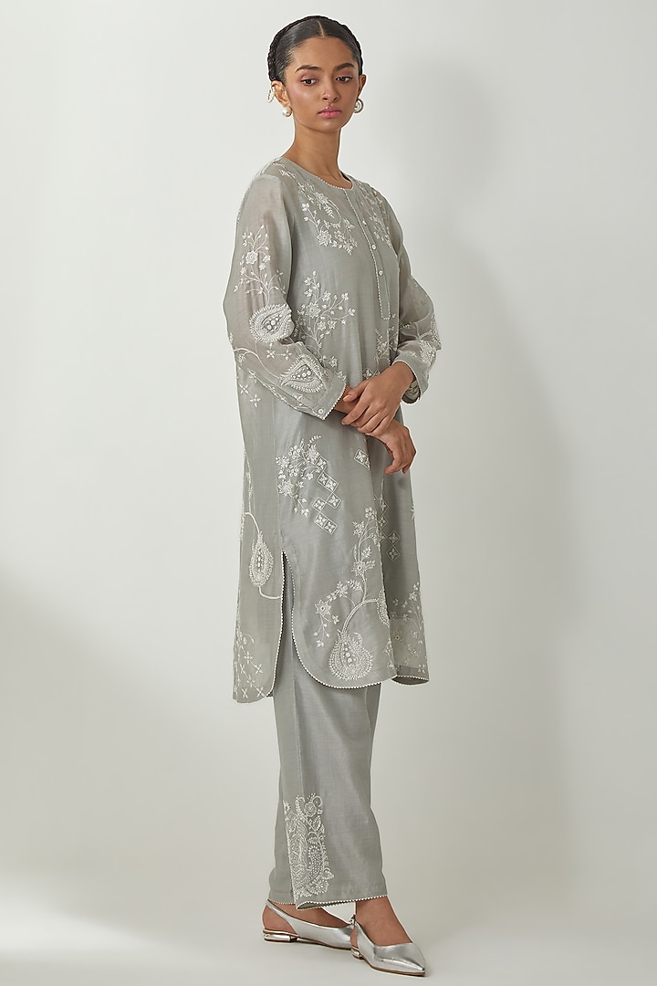Bluish Grey Silk Chanderi Thread Embroidered Kurta Set by Kora at Pernia's Pop Up Shop