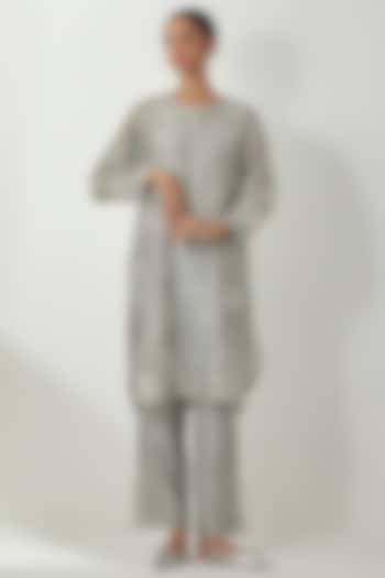 Bluish Grey Silk Chanderi Thread Embroidered Kurta Set by Kora at Pernia's Pop Up Shop