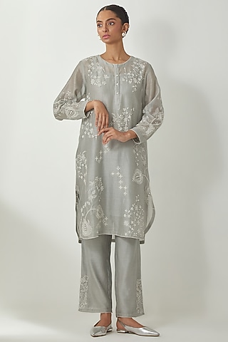 Bluish Grey Silk Chanderi Thread Embroidered Kurta Set by Kora