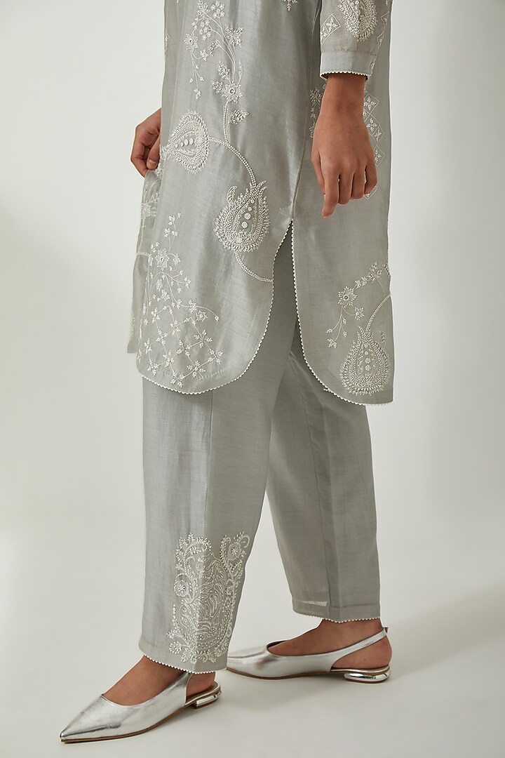 Bluish Grey Silk Chanderi Thread Embroidered Kurta Set by Kora at Pernia's Pop Up Shop