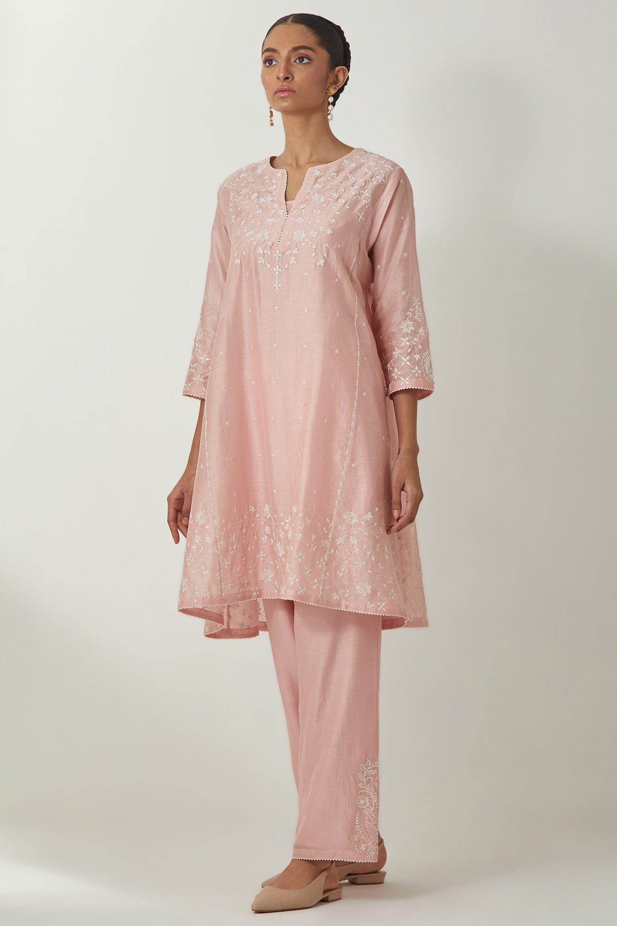 KORA BY NILESH MITESH Kora Pink Silk Chanderi Thread Embroidered Kurta Set