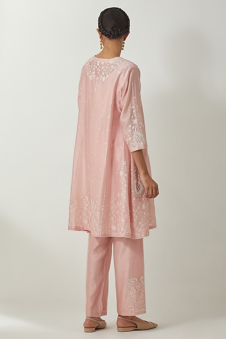 Pink Silk Chanderi Thread Embroidered Kurta Set by Kora at Pernia's Pop Up Shop