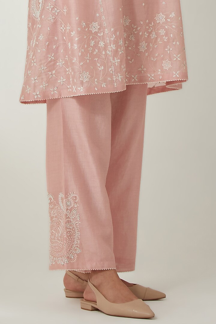 Pink Silk Chanderi Thread Embroidered Kurta Set by Kora at Pernia's Pop Up Shop